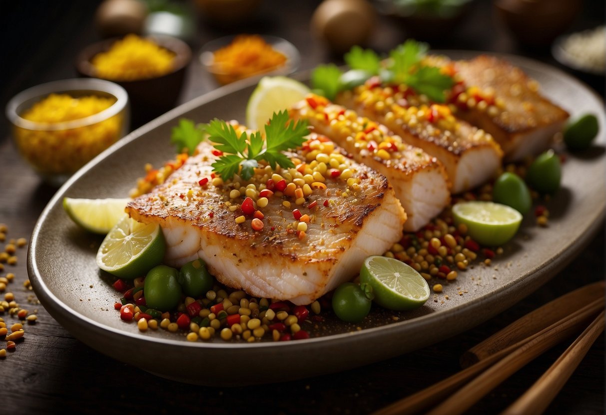 A platter of golden-brown grouper fillets adorned with vibrant Chinese spices and garnishes, arranged in an elegant and appetizing presentation