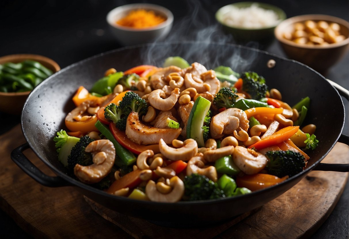 A wok sizzles with diced chicken, cashews, and vibrant vegetables being tossed in a savory sauce. Ingredients like soy sauce, ginger, and garlic are neatly arranged nearby