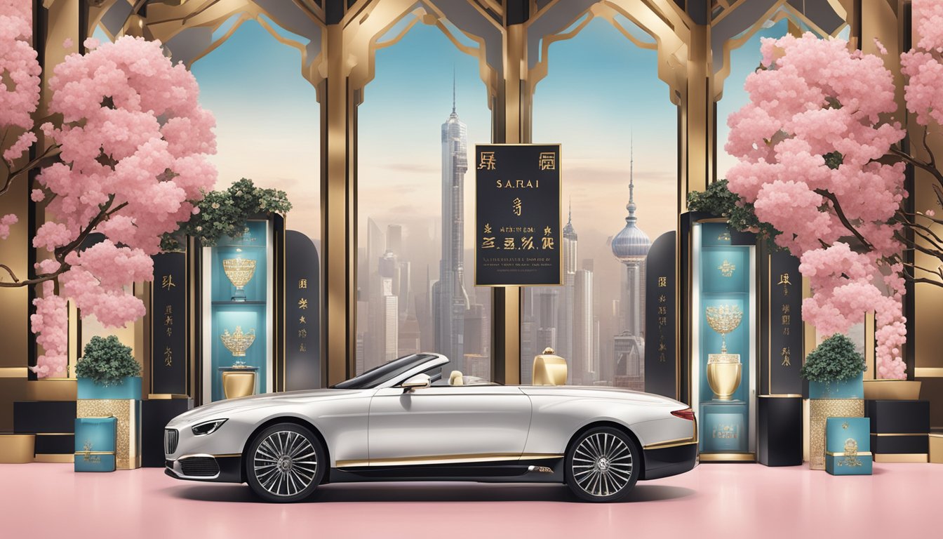 A lavish display of top luxury brands in China, featuring elegant logos and opulent packaging, set against a backdrop of modern and sophisticated surroundings