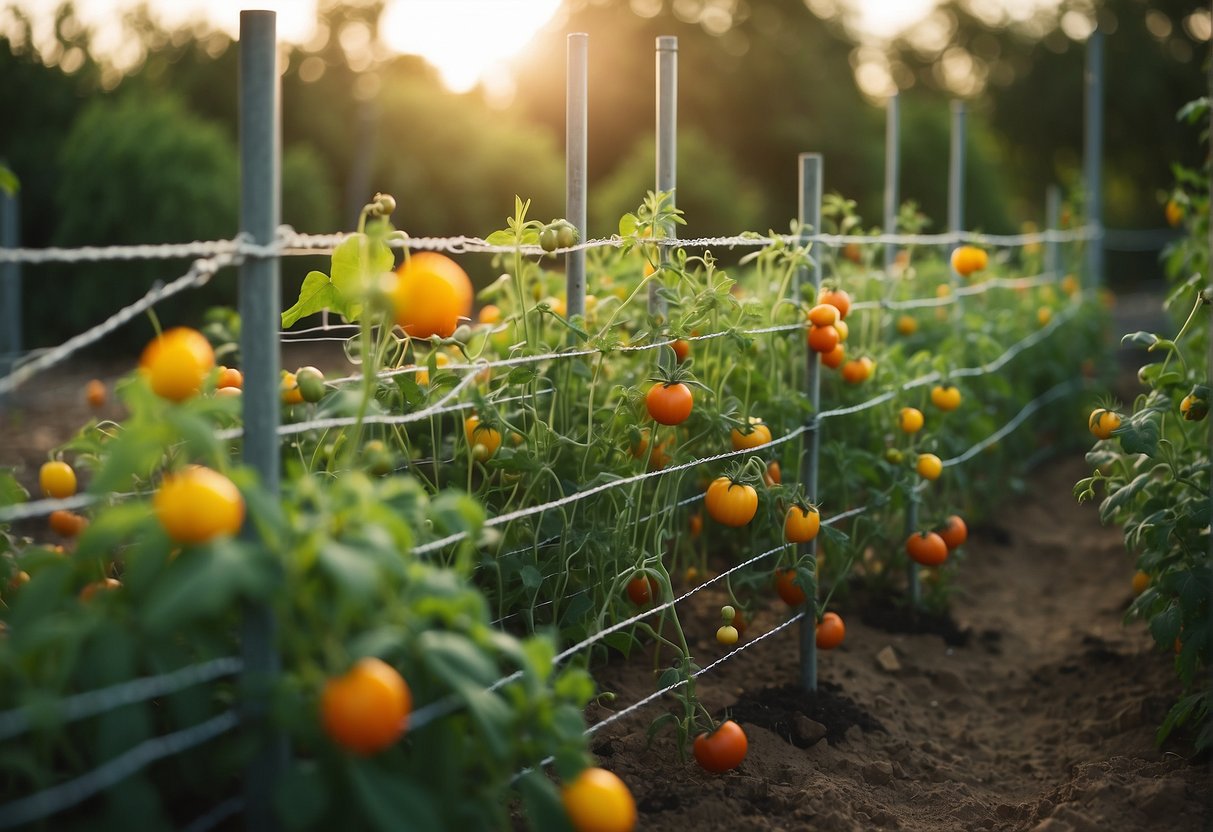 Tomato plants surrounded by a wire mesh fence with a closed gate, topped with bird netting and surrounded by natural deterrents like marigolds and garlic