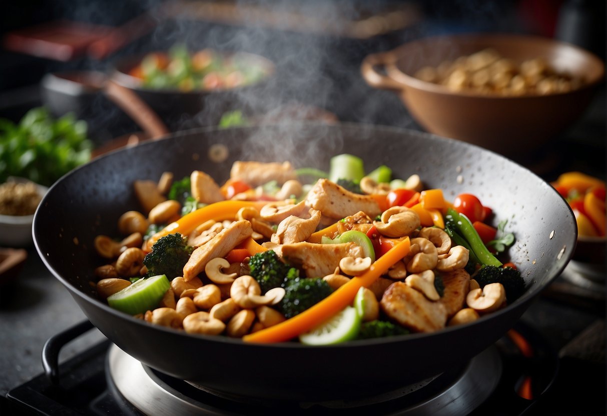 A wok sizzles with marinated chicken, cashews, and colorful vegetables. Steam rises as the ingredients are tossed and stir-fried in a fragrant sauce