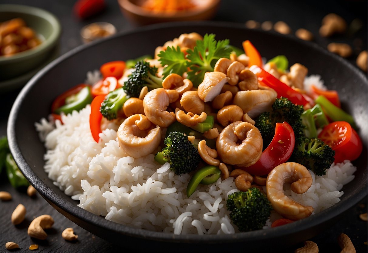 A sizzling wok filled with colorful chunks of chicken, crunchy cashews, and vibrant stir-fry vegetables, surrounded by steamed rice and a variety of condiments