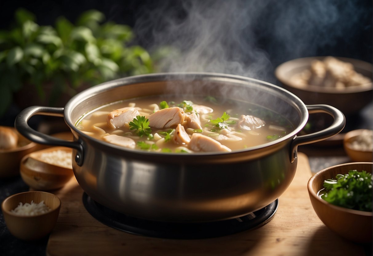 A steaming pot of Chinese chicken and mushroom soup simmers on a stove, with vibrant ingredients floating in a clear, fragrant broth