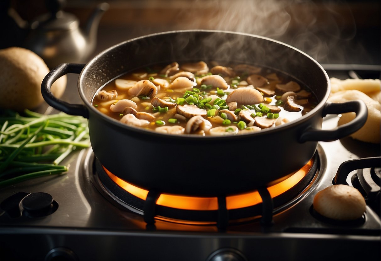 A pot simmering on a stove, filled with broth, sliced mushrooms, and chunks of chicken. A sprinkle of green onions and a hint of ginger add flavor