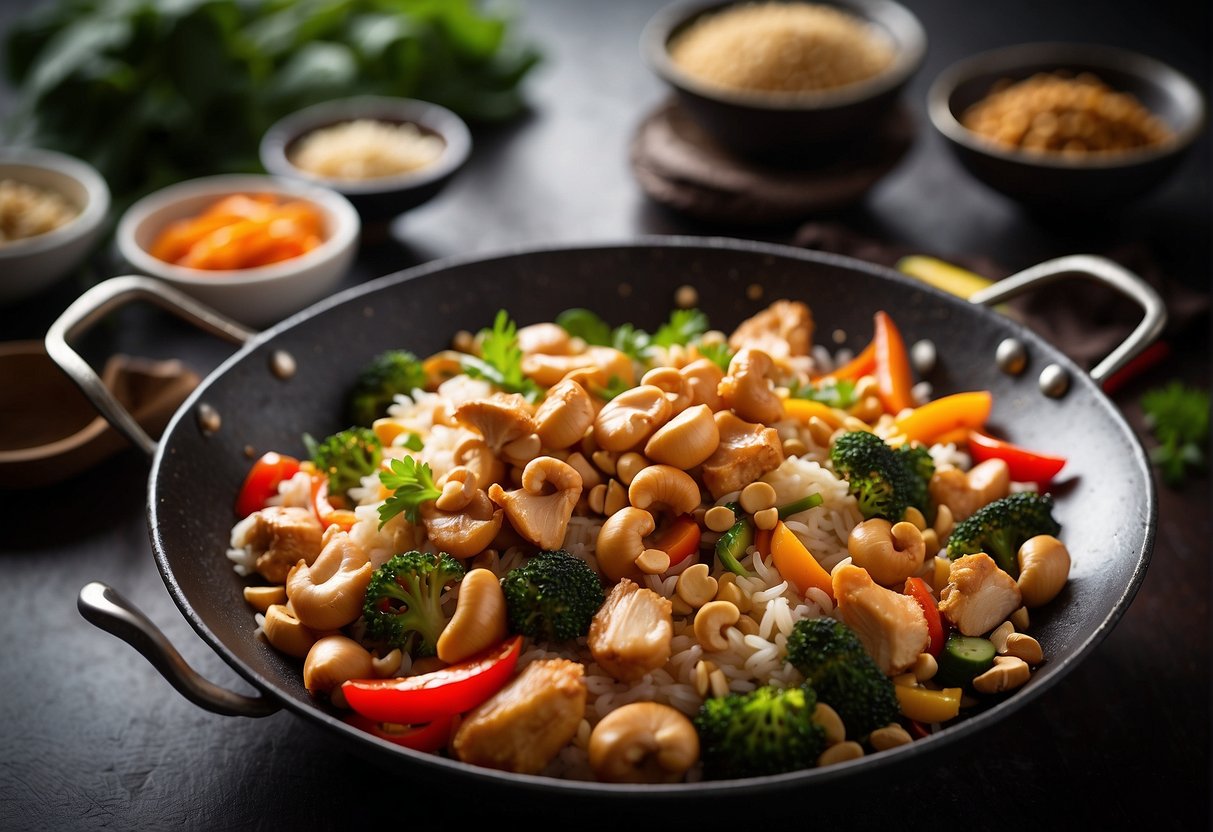 A sizzling wok with chicken, cashews, and colorful vegetables stir-frying in a fragrant, savory sauce. A steaming bowl of rice sits nearby