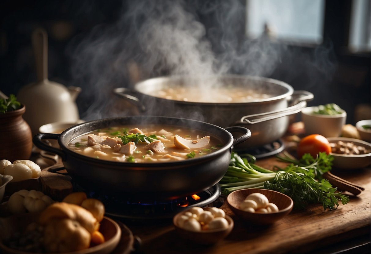 A steaming pot of Chinese chicken and mushroom soup simmers on a stovetop, surrounded by fresh ingredients and cooking utensils