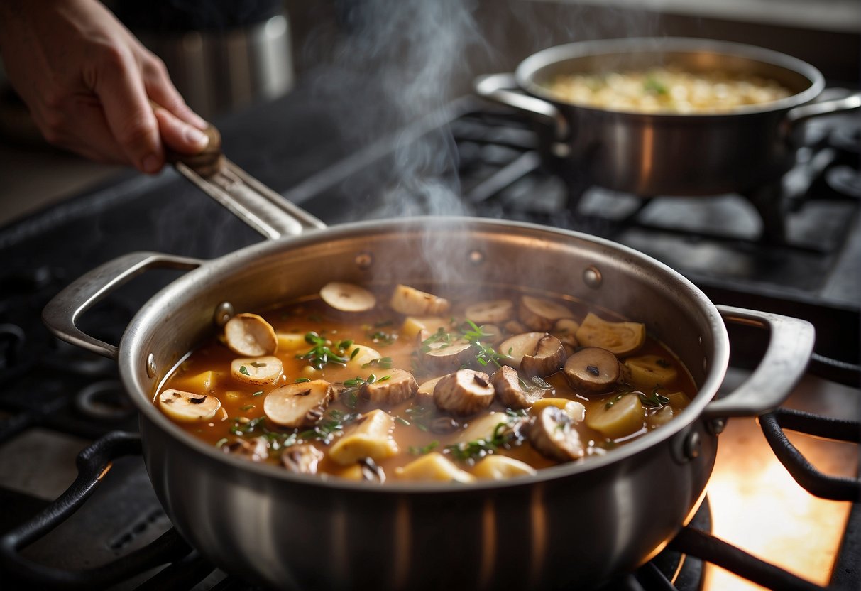 A pot simmers on a stove. Ingredients like chicken, mushrooms, and spices are being added, creating a fragrant aroma