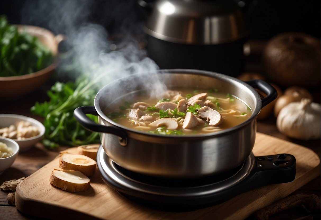 A steaming pot of Chinese chicken and mushroom soup simmers on a stovetop, surrounded by fresh ingredients like ginger, scallions, and shiitake mushrooms