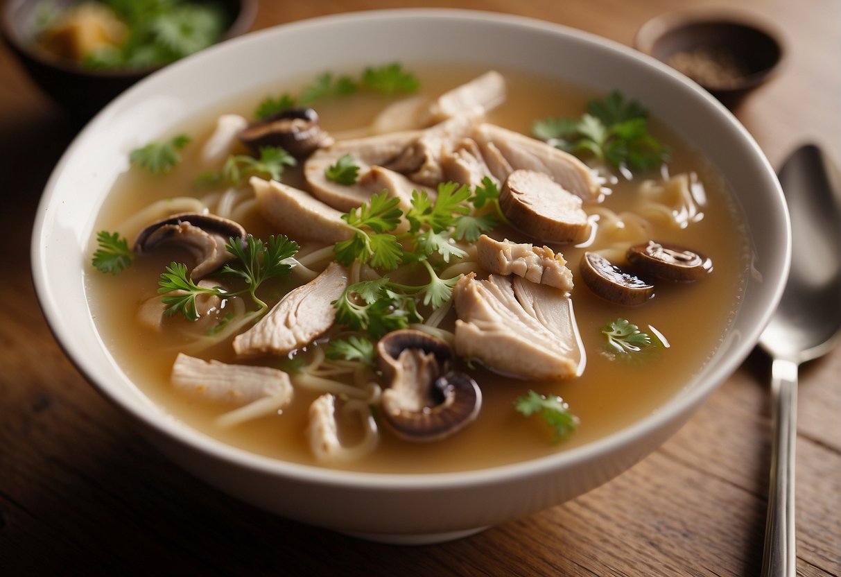 A steaming bowl of Chinese chicken and mushroom soup sits on a wooden table, surrounded by chopsticks and a spoon. Steam rises from the rich, fragrant broth, and the ingredients are visible through the clear broth
