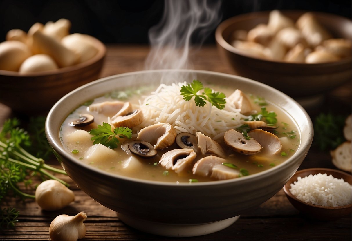 A steaming bowl of Chinese chicken and mushroom soup sits on a wooden table, surrounded by ingredients like sliced mushrooms, tender chicken pieces, and fragrant herbs