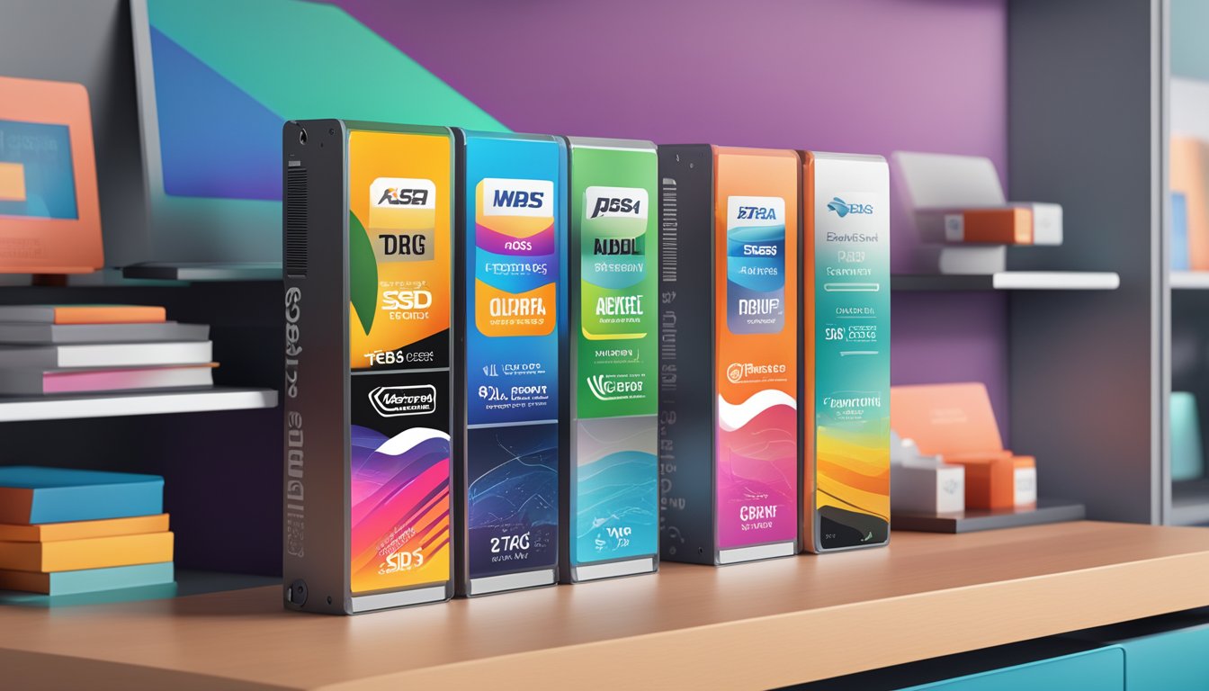 Top SSD brands displayed on a sleek, modern shelf with bold logos and vibrant colors