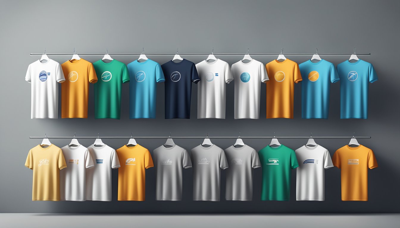 A row of top plain t-shirts arranged neatly on a display shelf, showcasing various colors and sizes with minimalistic brand logos