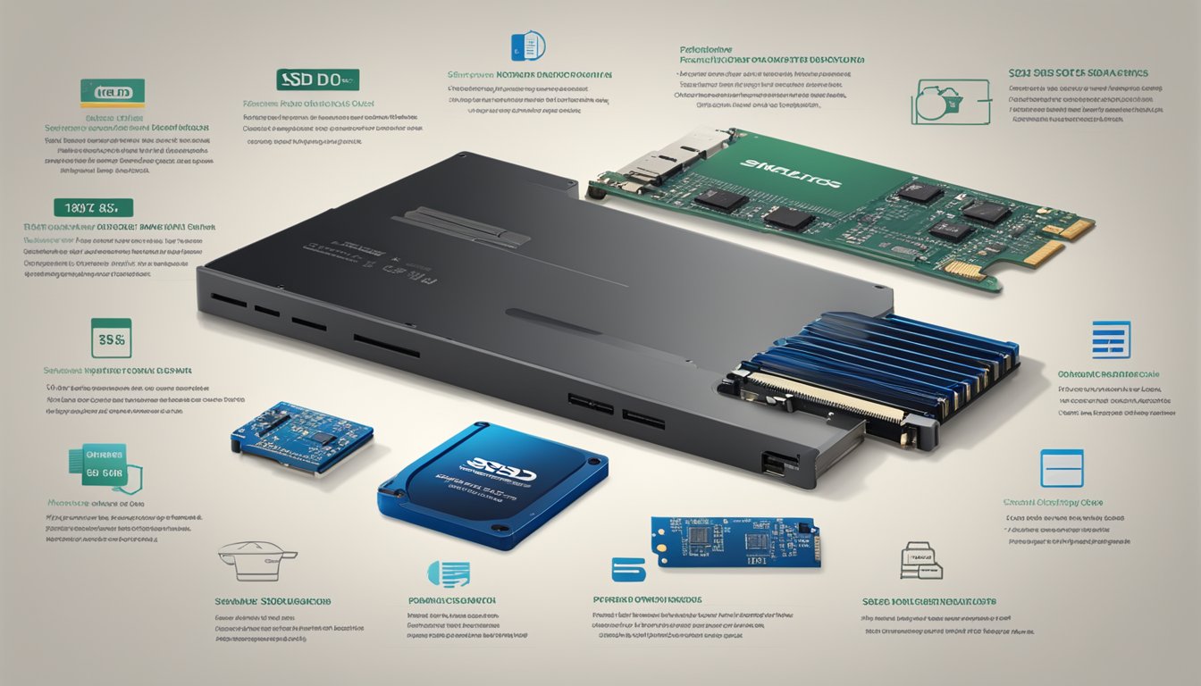 A variety of SSD brands displayed with product specifications and prices, surrounded by informative text and graphics