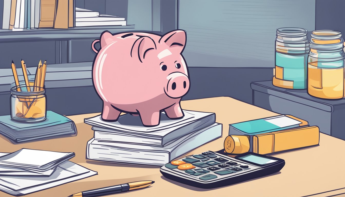 A piggy bank sits on a desk with a stack of coins beside it, a calculator, and a booklet titled "Understanding Savings Accounts in Singapore."