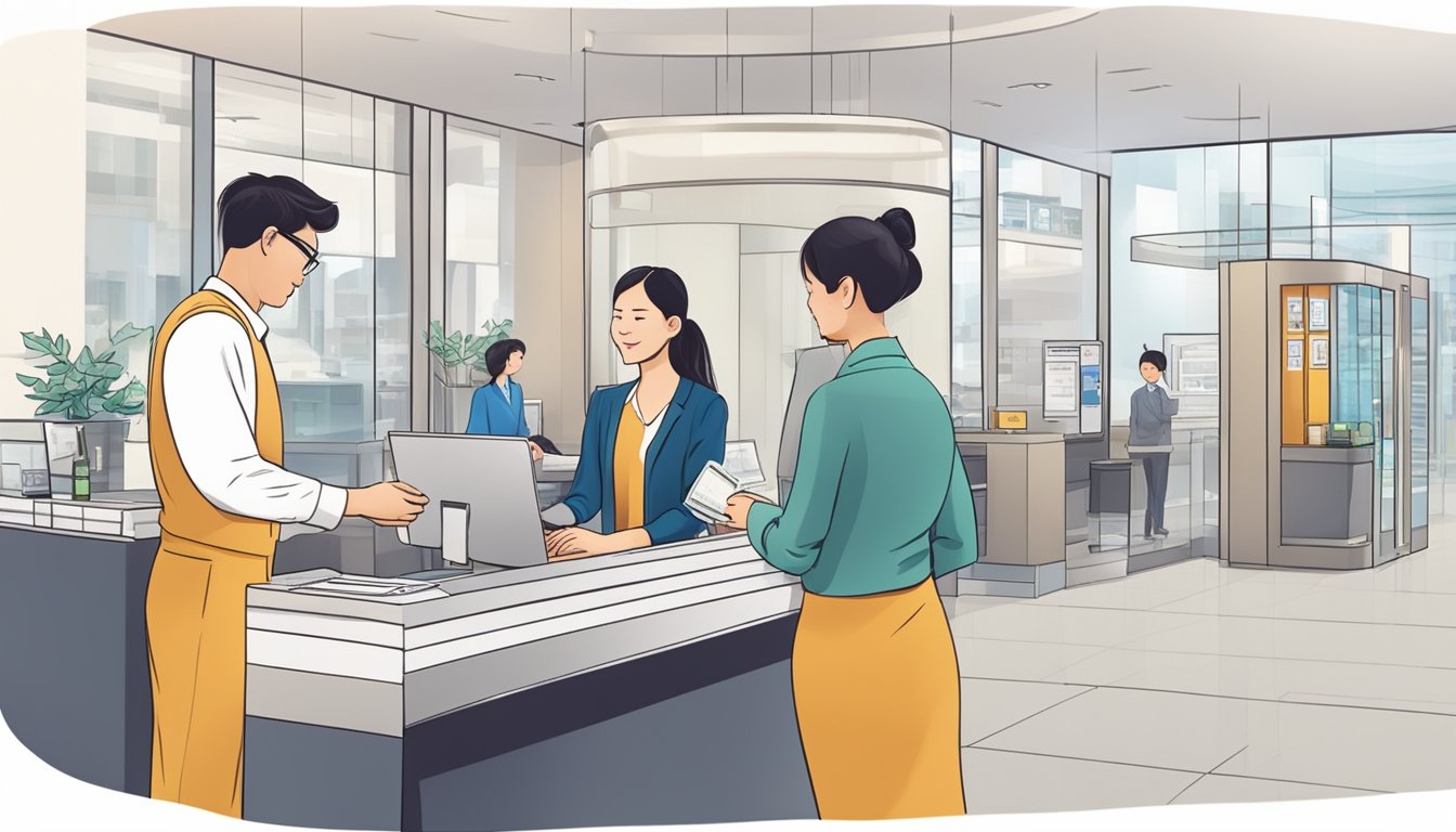 A bank teller assists a customer with opening a savings account, explaining eligibility and requirements in Singapore