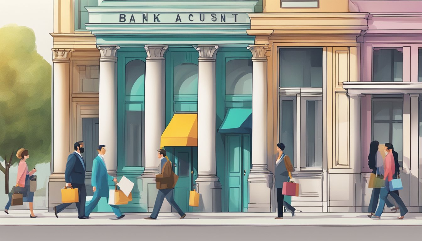A row of colorful bank buildings with "Specialised Savings Accounts" signage. People entering and exiting the banks