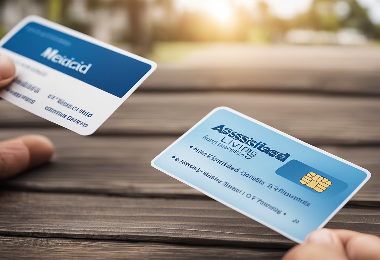 Medicaid covers benefits and services for assisted living in Florida. Illustrate a Medicaid card with "Assisted Living Services" and the state of Florida in the background