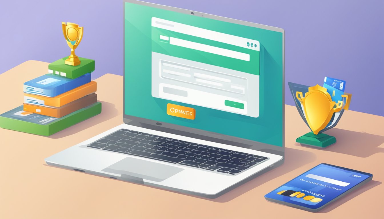 A computer screen showing a website with a trophy for sale, a cursor clicking "add to cart", and a credit card being entered for payment
