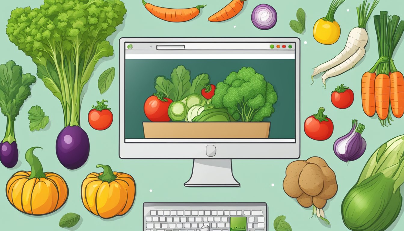 A computer screen displaying a variety of fresh vegetables with a "buy now" button