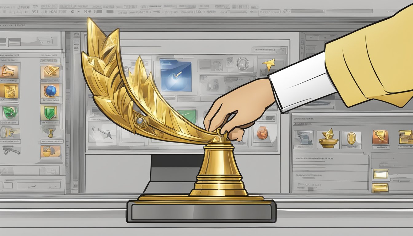 A hand reaches out to select a gleaming trophy from a collection of options displayed on a computer screen