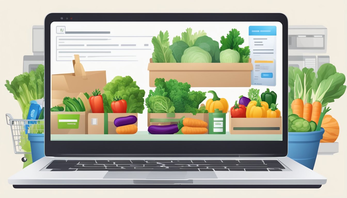 A laptop displaying a variety of fresh vegetables on a virtual grocery store website, with a seamless checkout process and delivery options