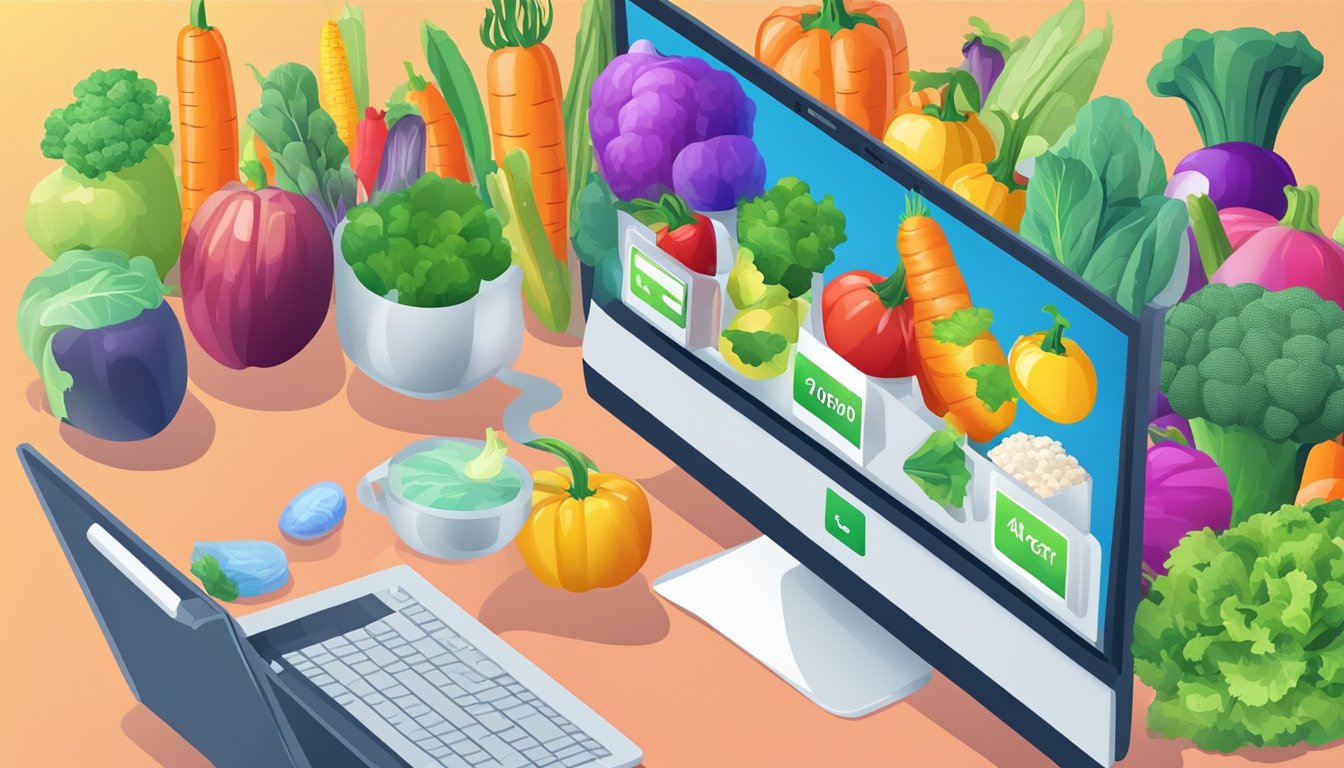 A computer screen displaying a variety of colorful vegetables with a "Add to Cart" button. A cursor hovers over the button, ready to make a selection