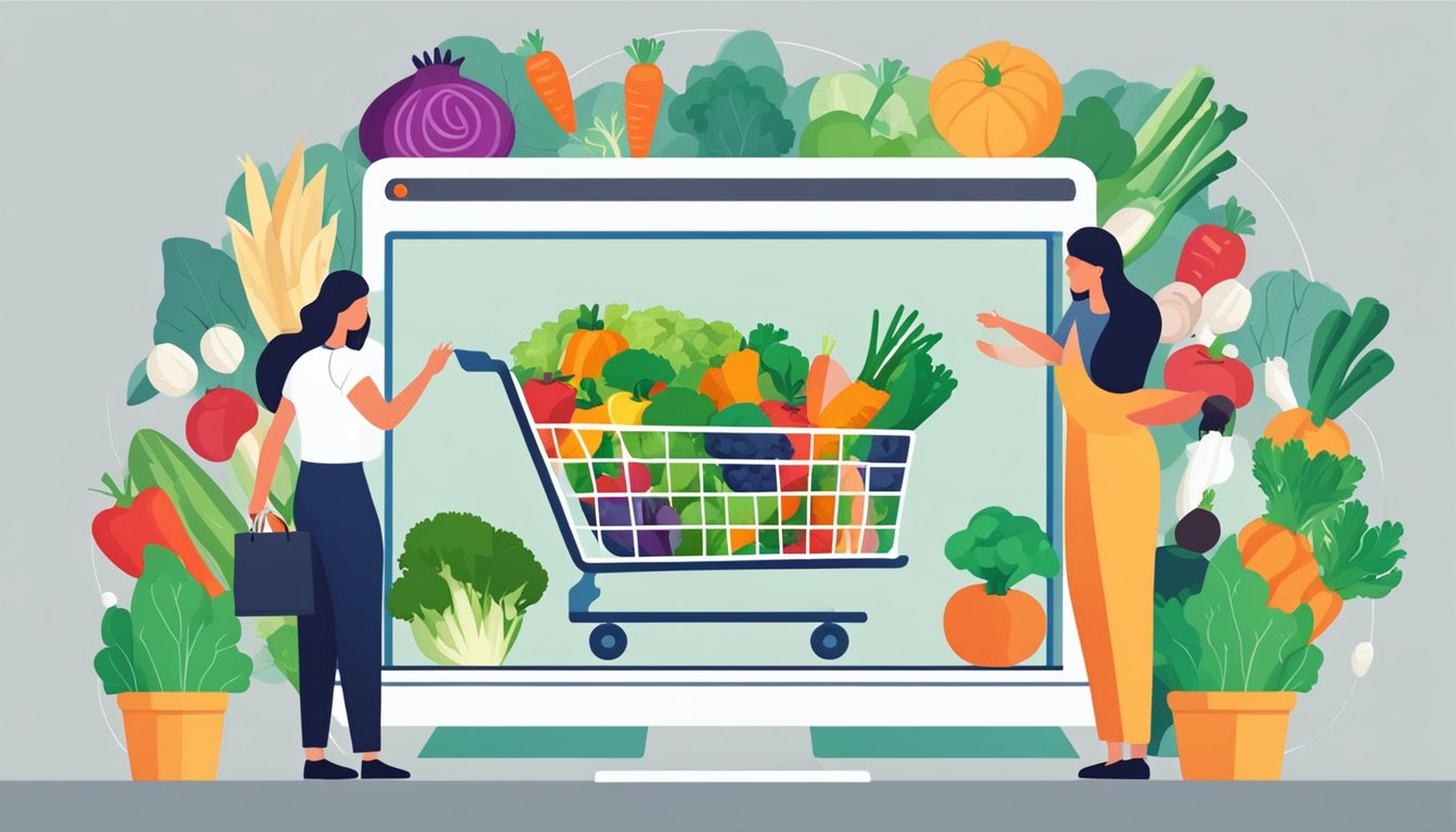 Customers browsing through an online platform, selecting and adding various fresh vegetables to their virtual shopping cart