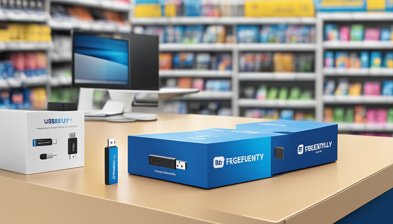 A USB wifi adapter sits on a store shelf at Best Buy, surrounded by other electronic products. A sign above it reads "Frequently Asked Questions" in bold letters