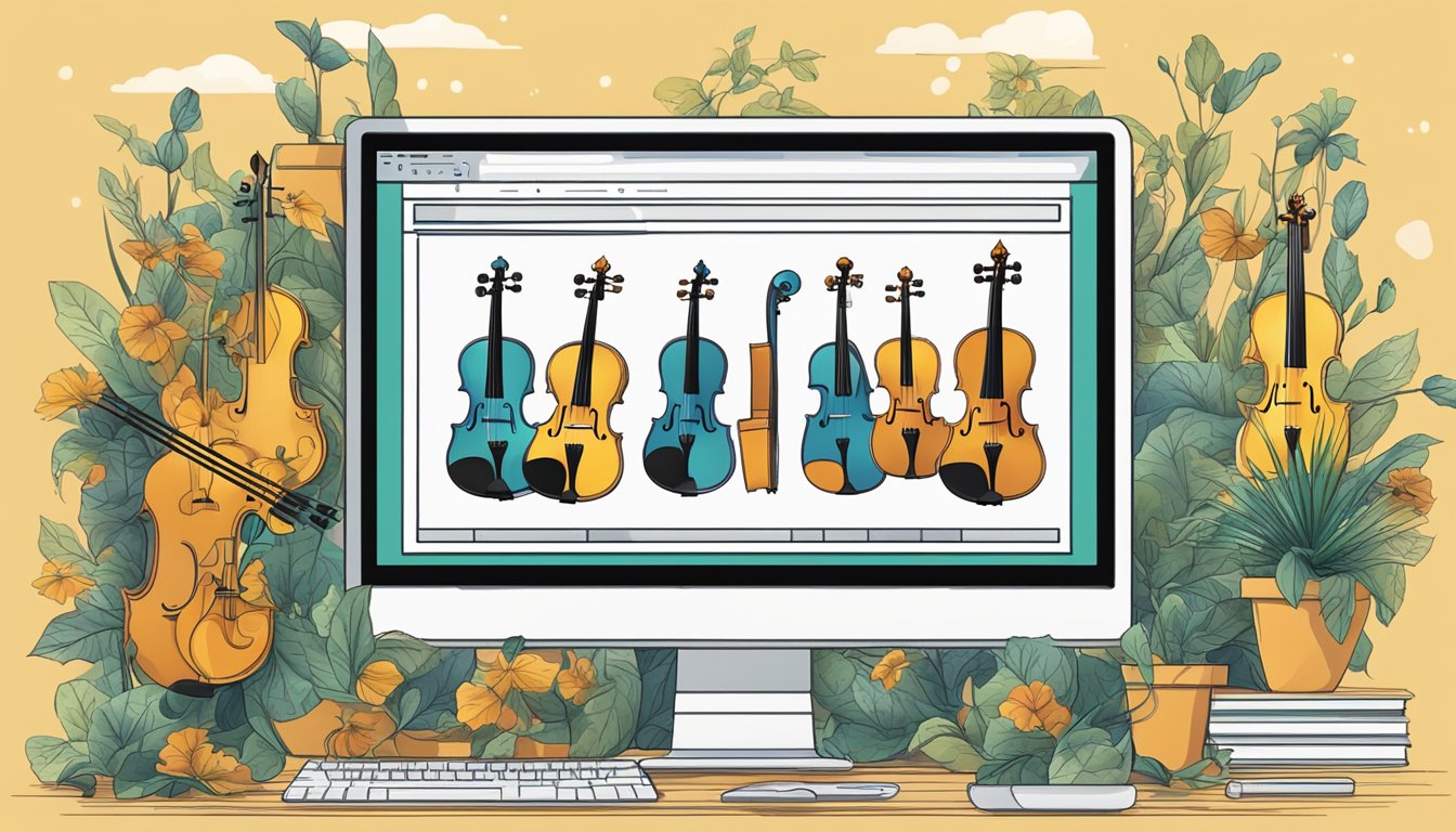 A computer screen displaying a website with a variety of violins for sale, a secure payment button, and customer reviews