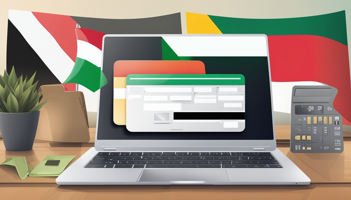 A laptop displaying various wallpaper options, a credit card, and a UAE flag in the background