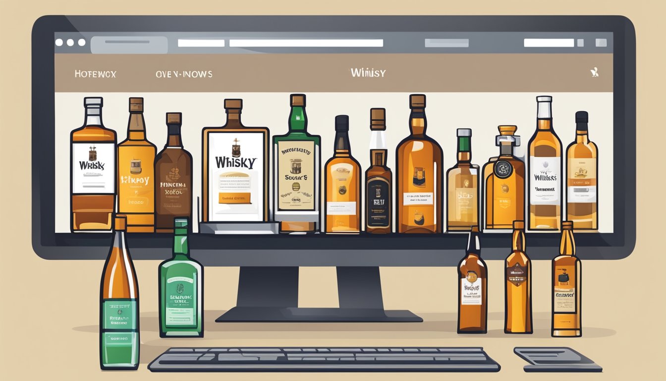 A computer screen displays a variety of whisky bottles on an online shopping website. A cursor hovers over a "buy now" button