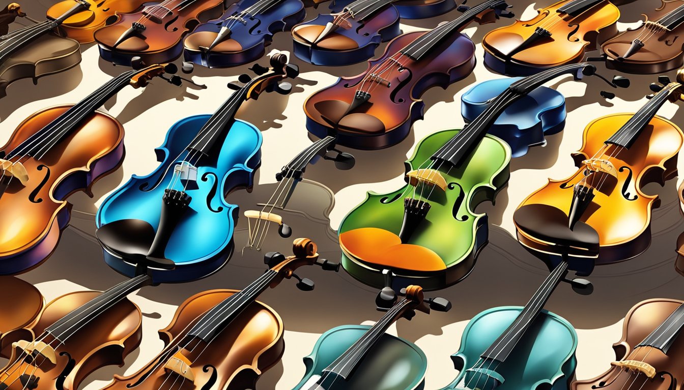 A display of various violins in different sizes, colors, and designs, with price tags and information cards, set up in a well-lit and organized music store