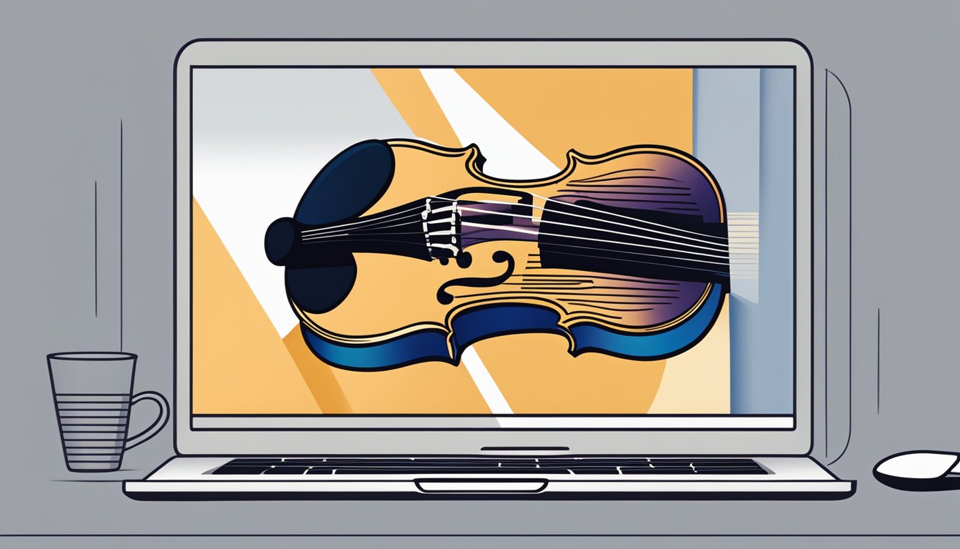 A computer screen shows a sleek, modern website with high-quality images of violins. A "Buy Now" button stands out, inviting customers to easily purchase their desired instrument with just a few clicks