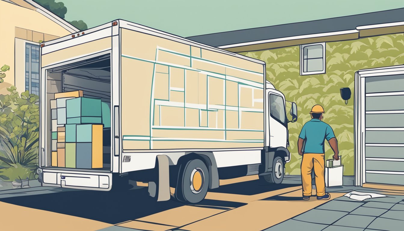 A hand reaches out to click "buy" on a computer screen displaying a variety of wallpaper options. A delivery truck waits outside a home, while a maintenance worker measures and installs the new wallpaper