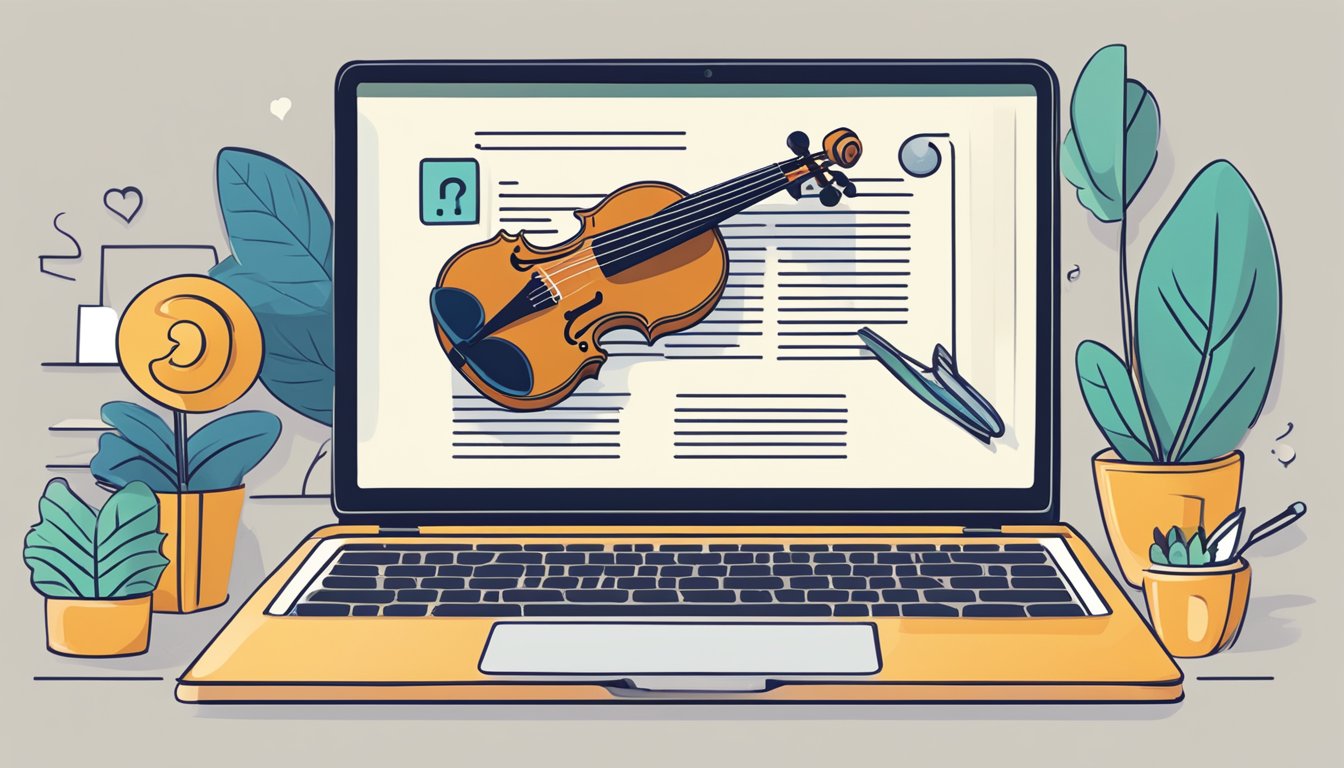 A laptop displaying a webpage titled "Frequently Asked Questions buy violin online" with a list of questions and answers, a violin, and a secure payment icon