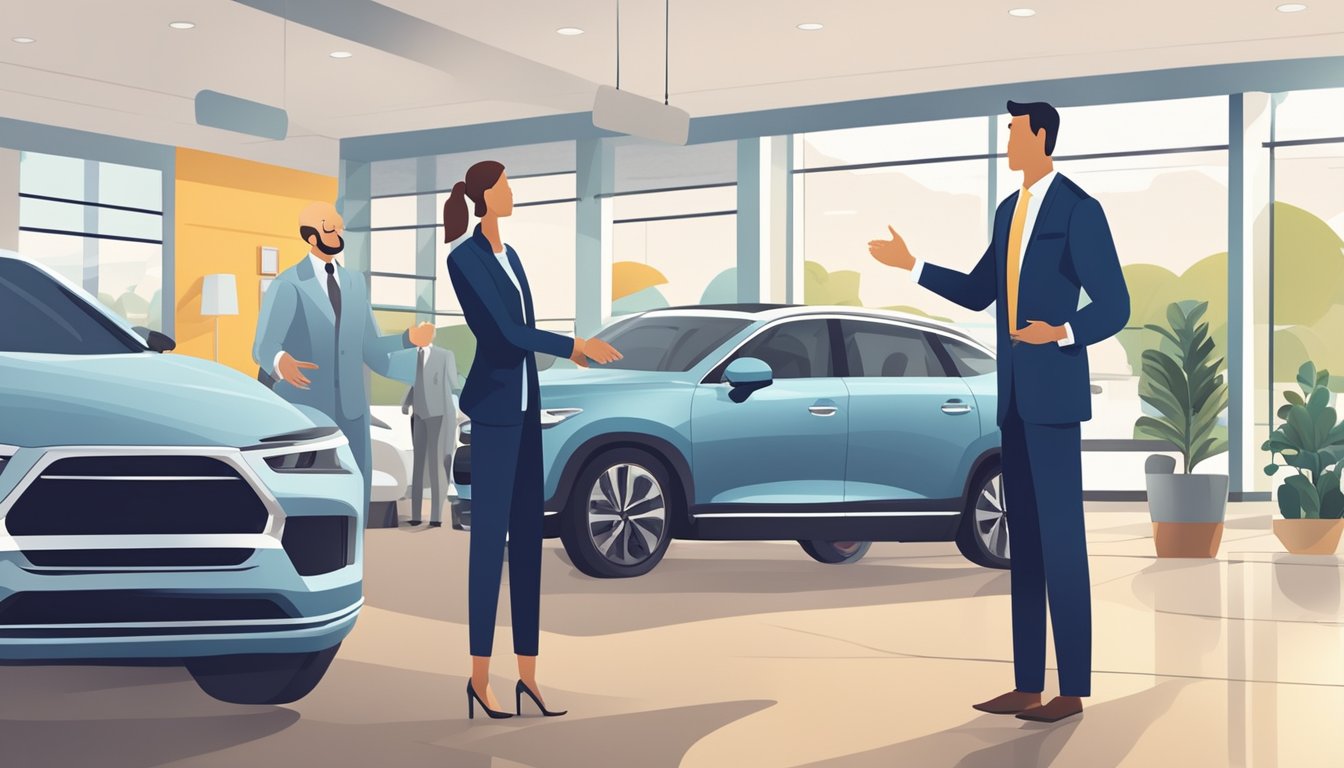 A confident buyer shaking hands with a car salesman in a well-lit showroom, surrounded by sleek new car models and a sign reading "Closing the Deal with Confidence."