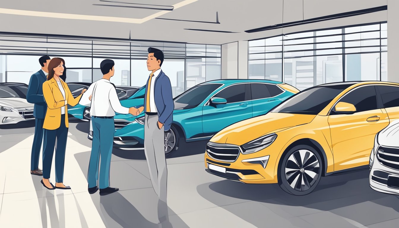 A customer at a car dealership in Singapore asking a salesperson about features and options for a new car purchase