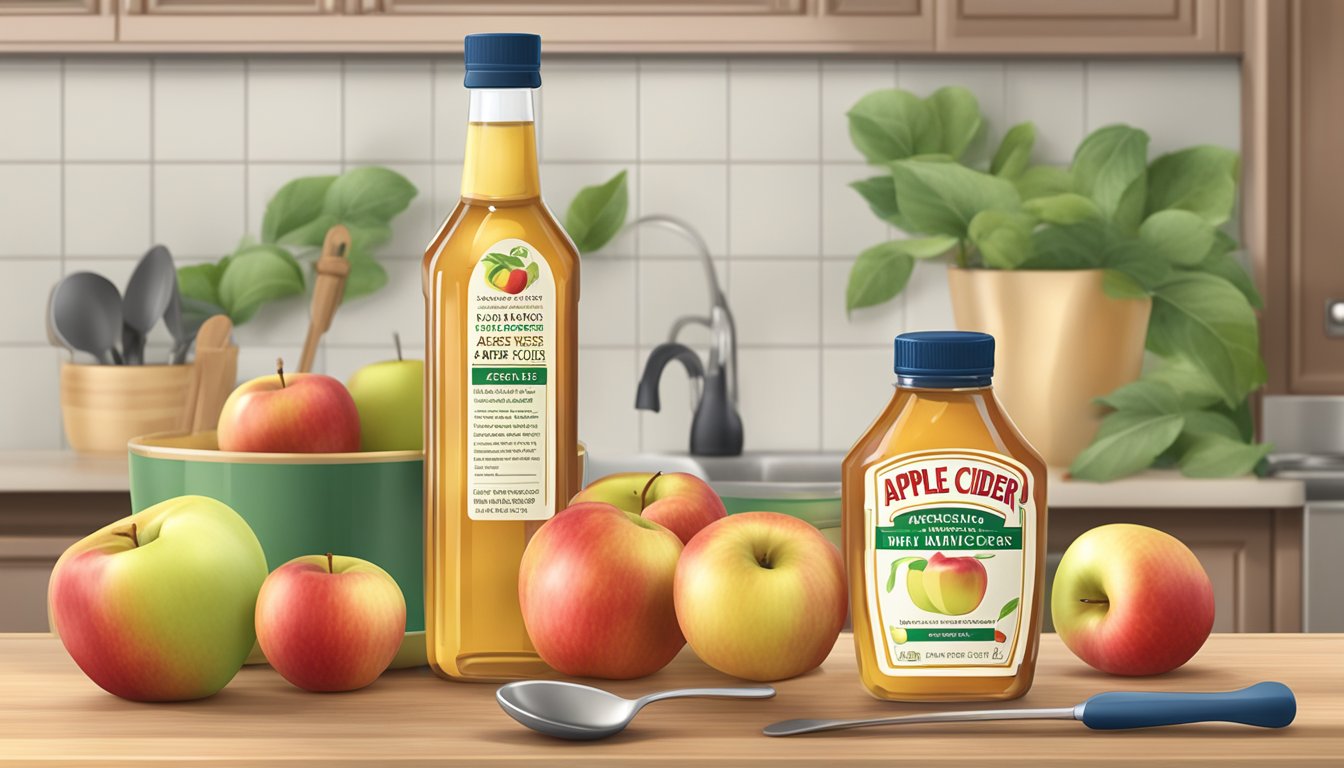 A bottle of apple cider vinegar sits on a kitchen counter, surrounded by fresh apples and a measuring spoon. The label prominently displays the product's name and its health benefits