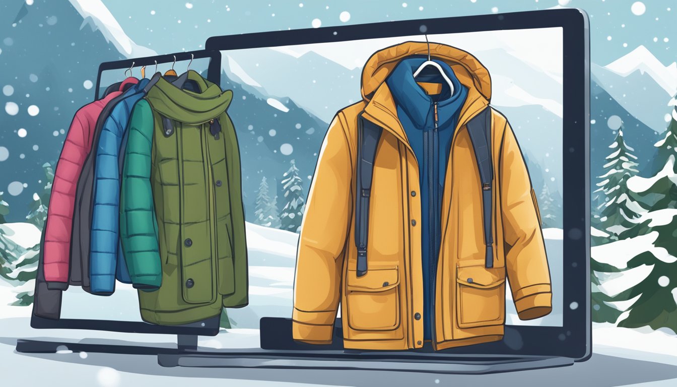A computer screen displaying a website with various winter jackets available for purchase. Snowflakes and cold weather imagery in the background