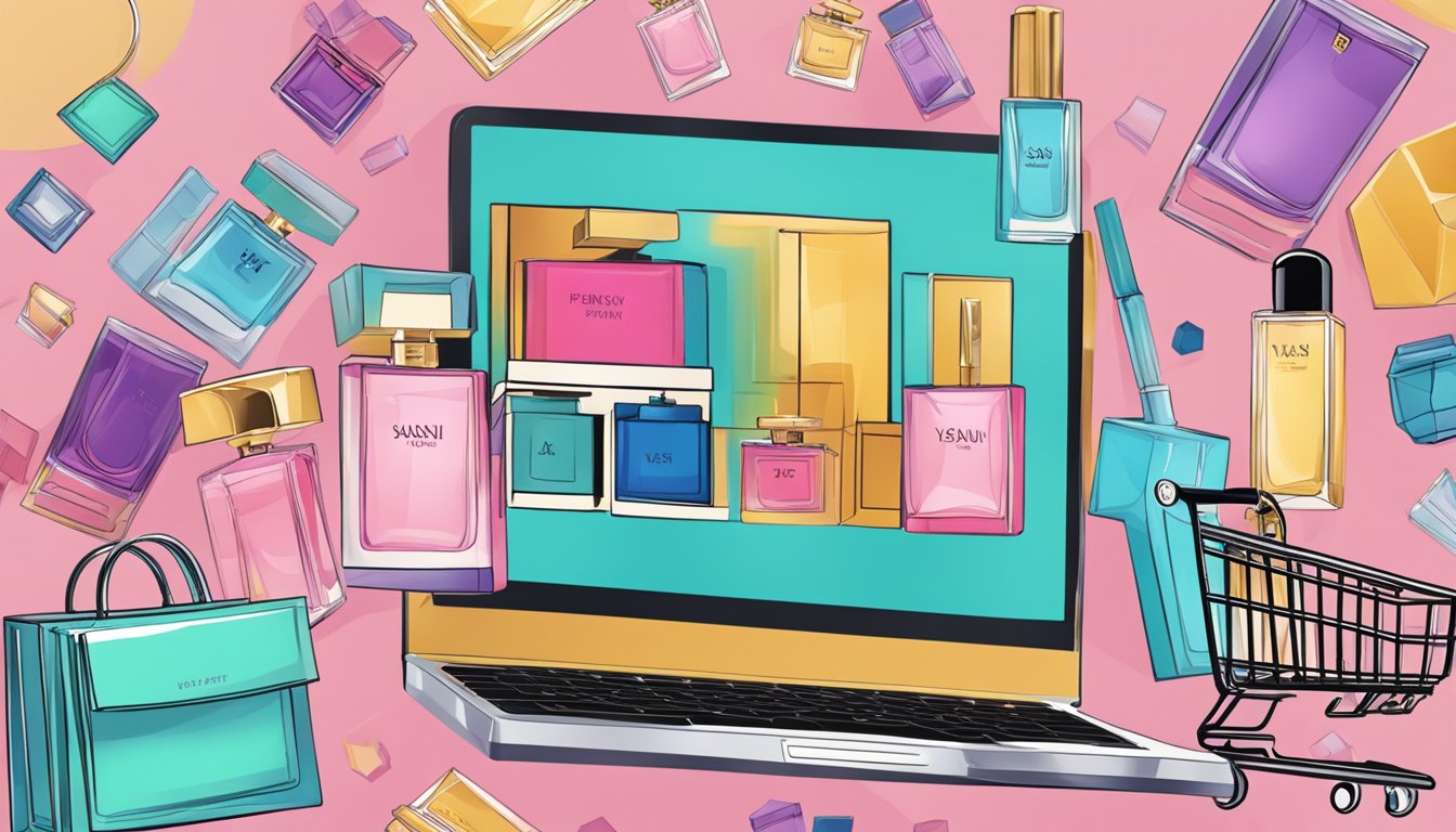 A laptop displaying an online shopping website with YSL perfume in a virtual shopping cart