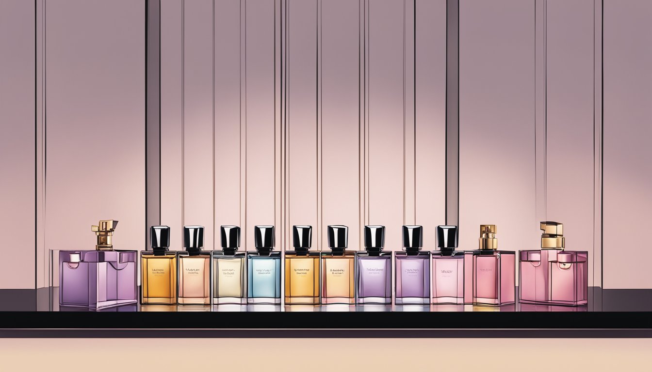 A hand reaches out to a row of YSL fragrances displayed on a sleek, modern shelf, with soft lighting highlighting the elegant bottles
