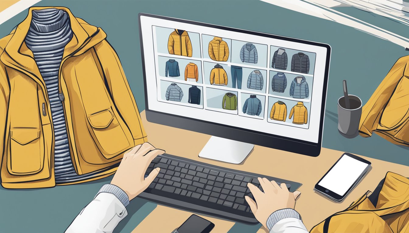 A person browsing through a variety of winter jackets online, with options displayed on a computer screen or mobile device