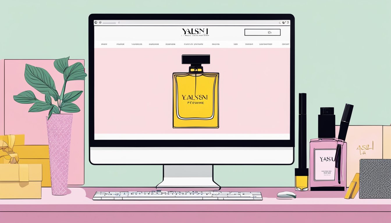 A computer screen displays the YSL perfume website. A cursor hovers over the "Add to Cart" button. A credit card sits nearby