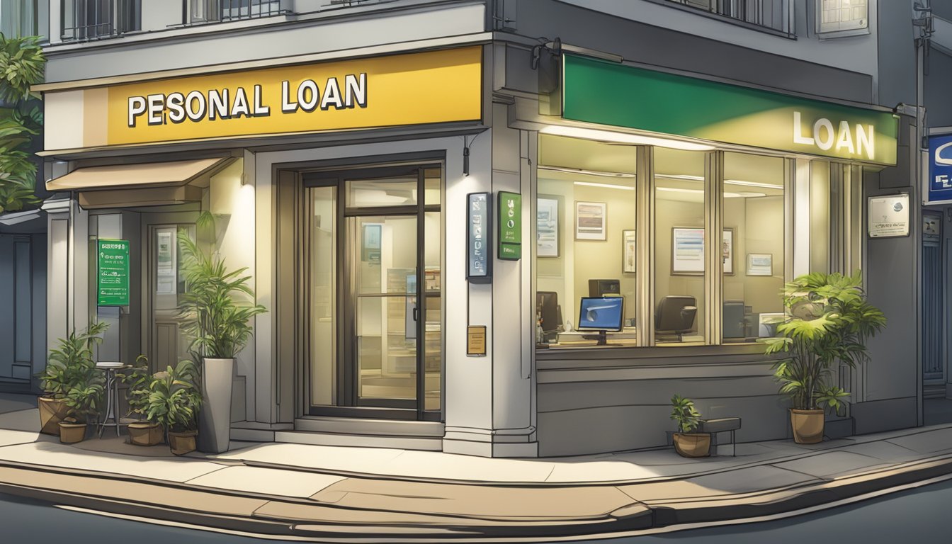 A legal money lender's office in Bugis, Singapore. A sign with the words "Personal Loan" displayed prominently. A professional and welcoming atmosphere