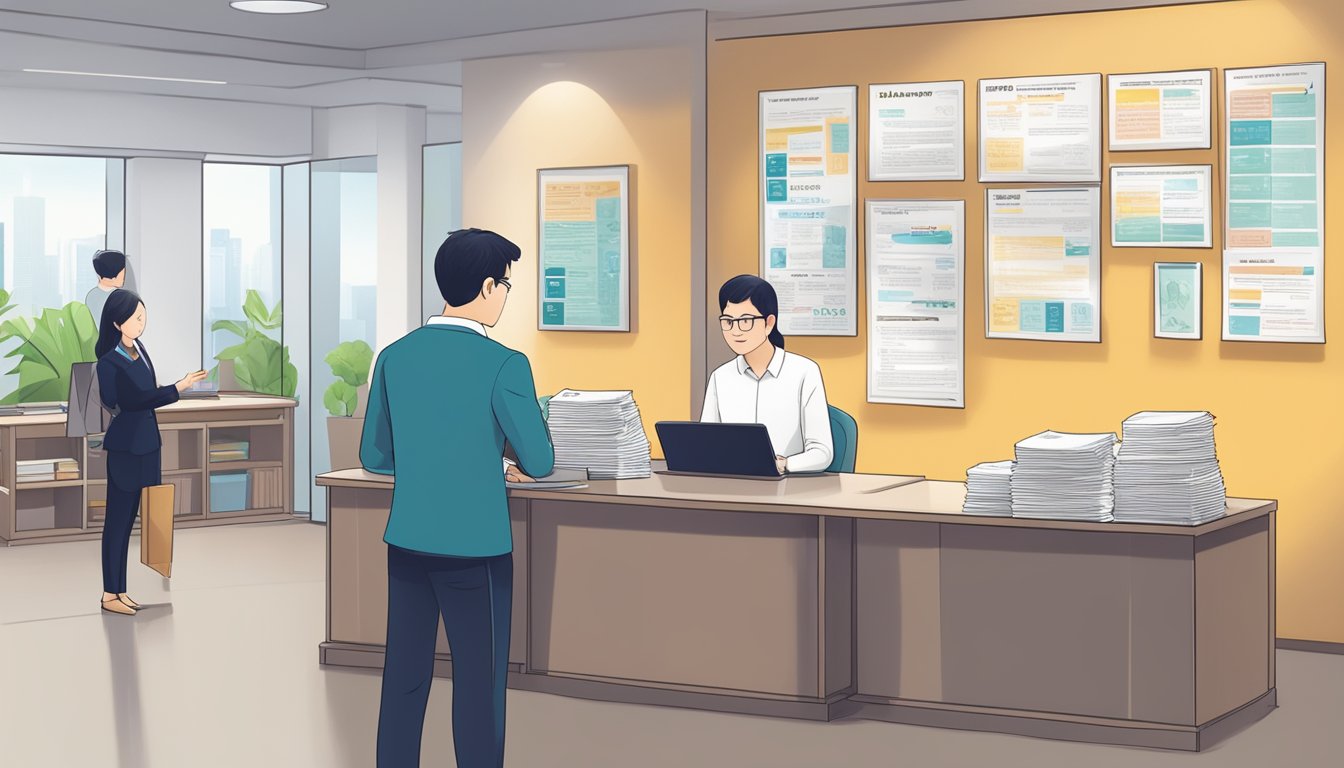 A money lender in Singapore explains loan terms to a borrower, with low interest rates highlighted. The lender's office is neat and professional, with clear signage and informational brochures displayed