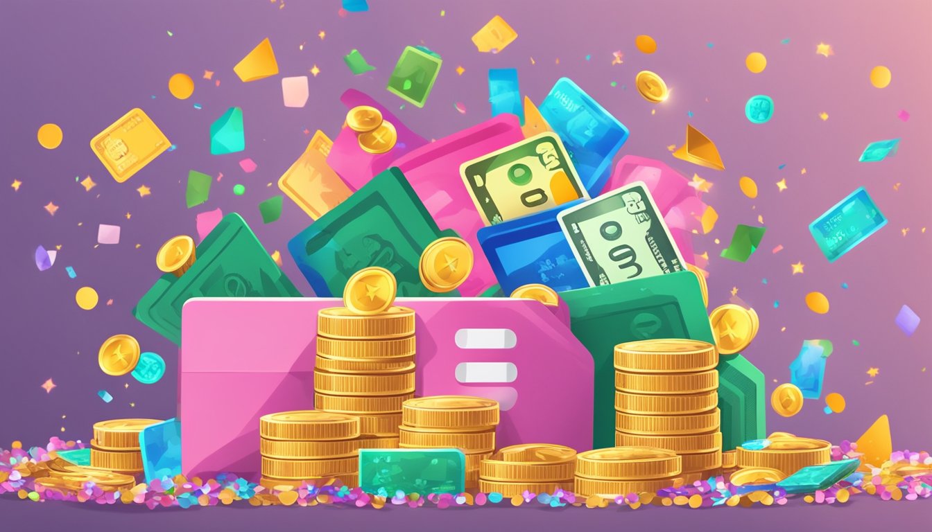 A stack of cash, a pile of coins, and a credit card surrounded by sparkles and confetti, with the words "Rewards and Extras UOB One Account Singapore" in bold letters