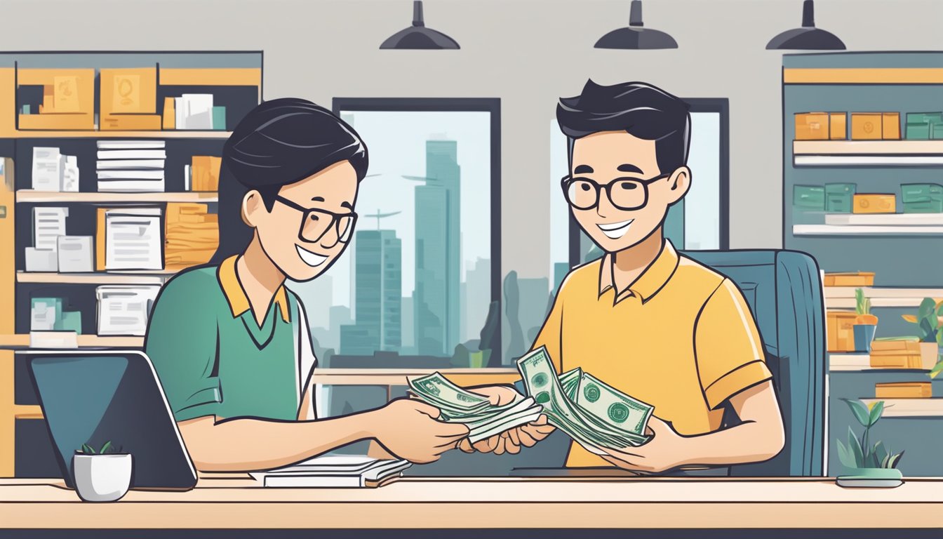 A person receiving money from Bugis Credit legal money lender in Bugis, Singapore. The lender is handing over cash to the borrower with a smile