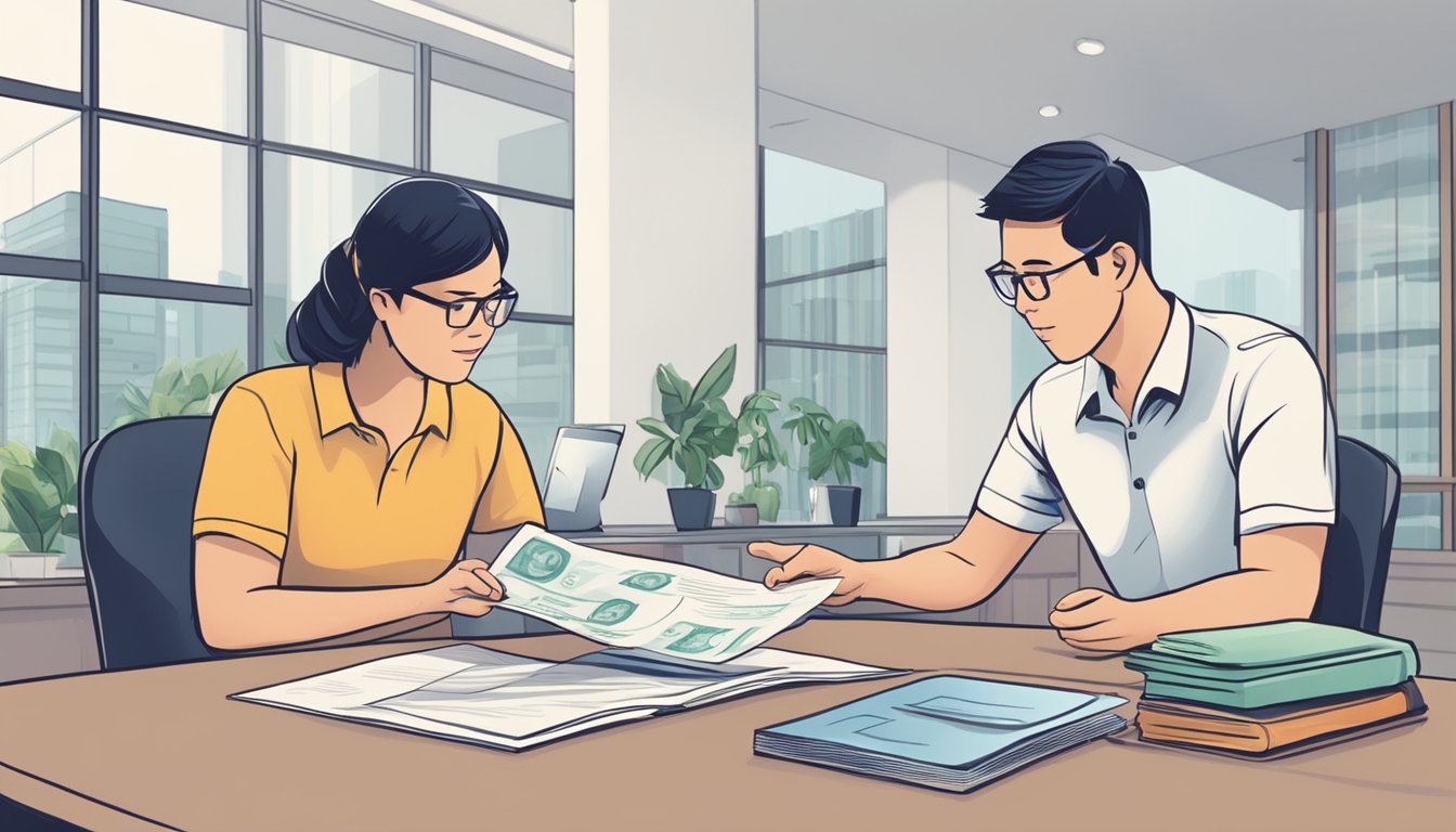 A money lender explains repayment terms to a borrower in Singapore. Salary and eligibility requirements are discussed