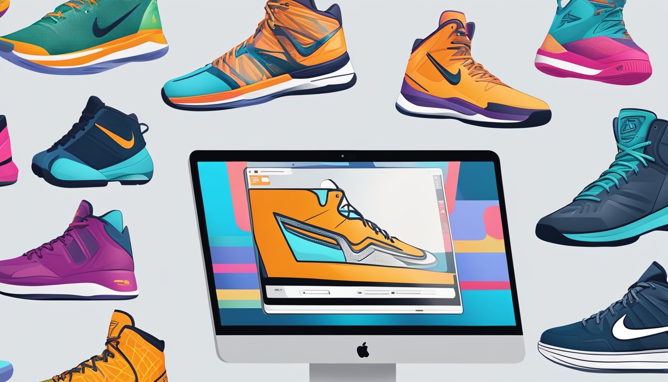 A computer screen displays top online retailers for basketball shoes, with logos and product images