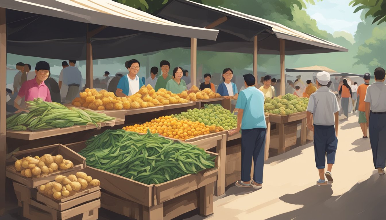 A bustling Singaporean market stall sells fresh Bentong ginger, with vibrant displays and eager customers